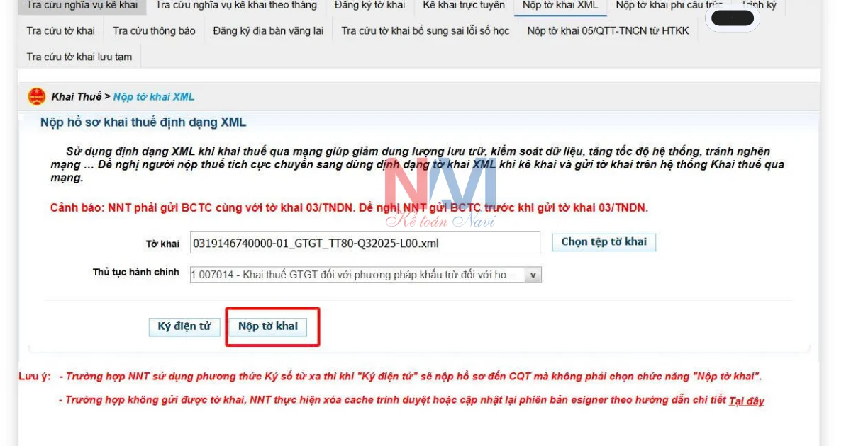 Giao diện hiển thị khi nộp hồ sơ khai thuế