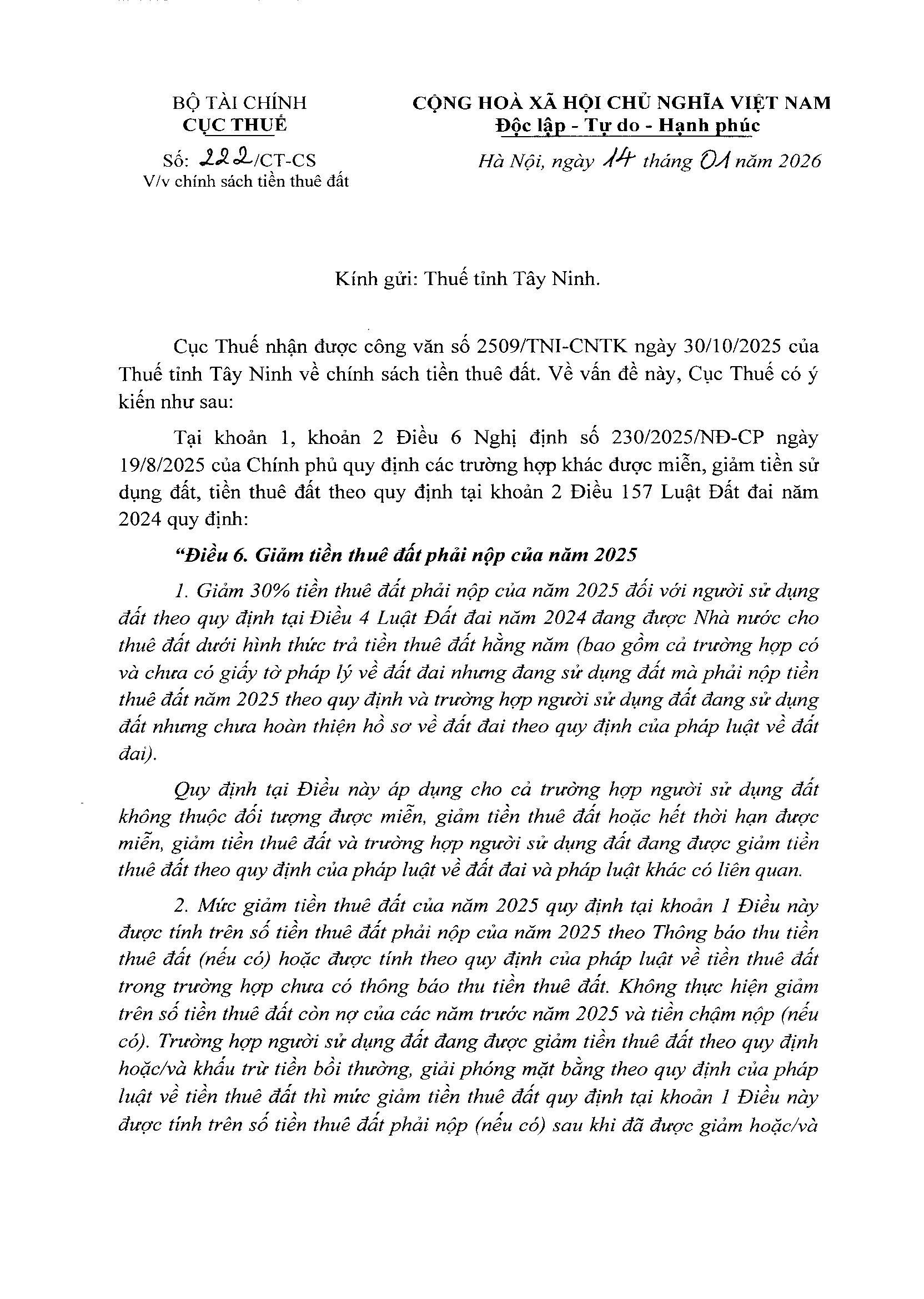  Công văn 222/CT-CS ngày 14/01/2026 của Cục Thuế hướng dẫn về chính sách tiền thuê đất