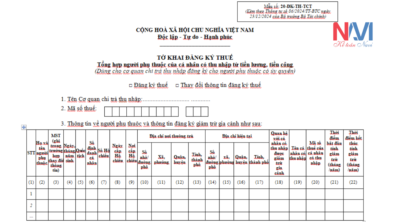 Tờ khai đăng ký người phụ thuộc