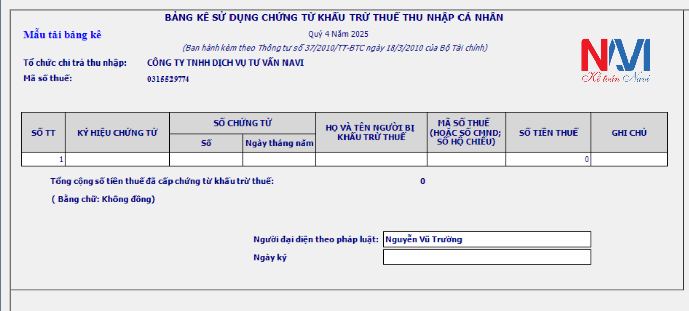 Bảng kê sử dụng chứng từ khấu trừ thuế tncn