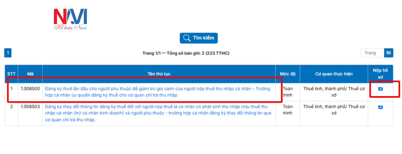 Chọn mã "1.008500: Đăng ký thuế lần đầu"