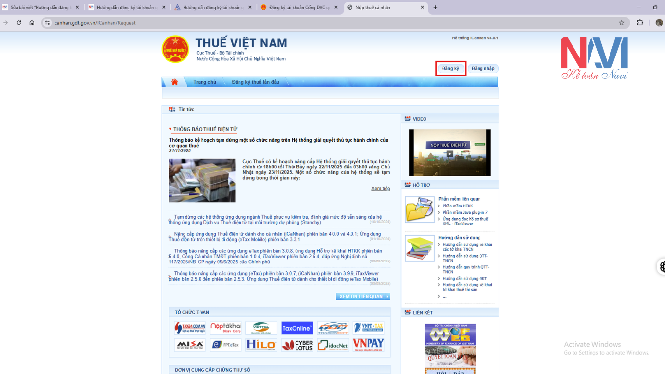 Đăng ký tài khoản thuế điện tử trên website Thuế Việt Nam