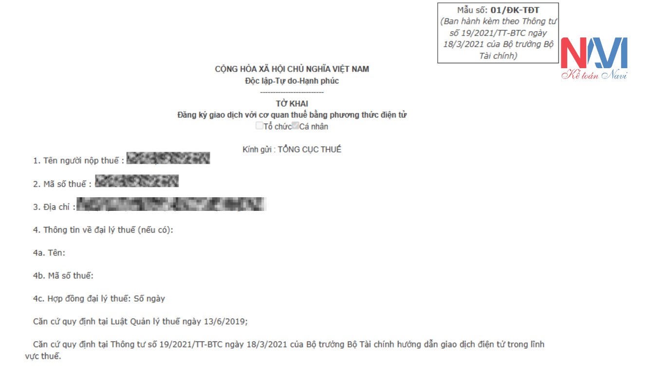 Tờ khai đăng ký giao dịch với cơ quan thuế bằng phương thức điện tử