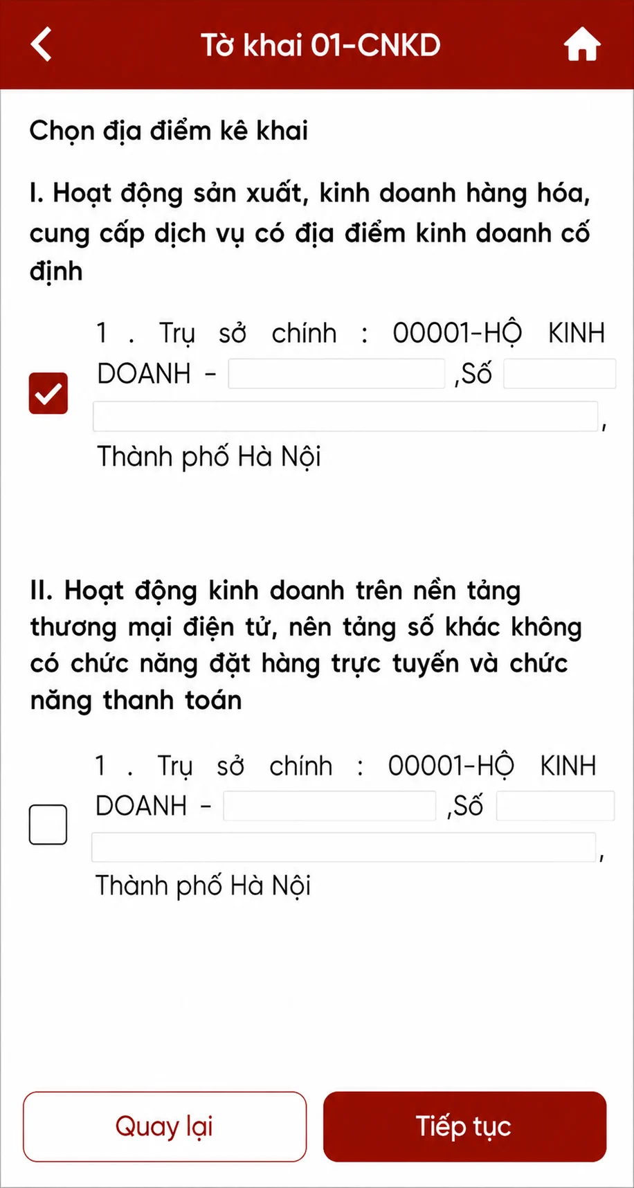 Chọn địa điểm kê khai