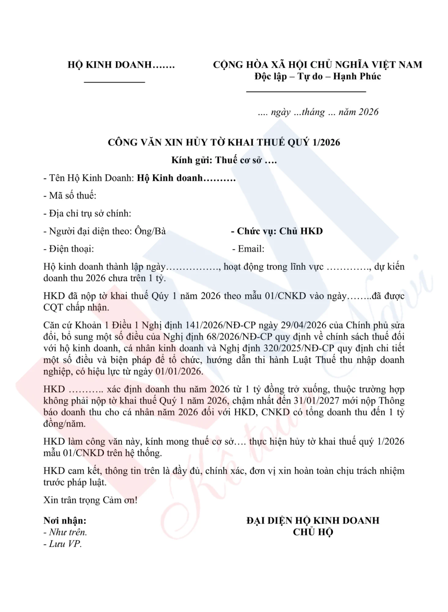 Mẫu công văn xin hủy tờ khai thuế Quý 1 2026