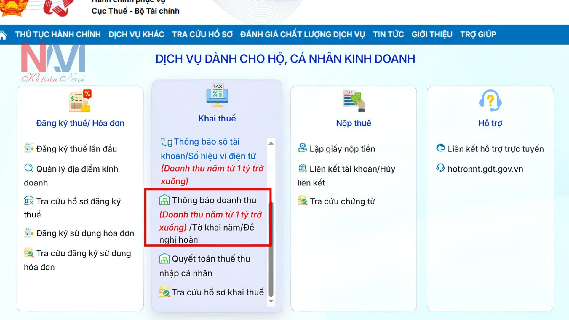 Chọn chức năng thông báo doanh thu 