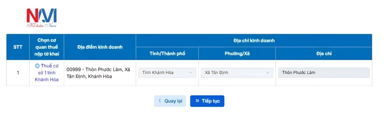Chọn đúng địa điểm kinh doanh thực hiện kê khai.