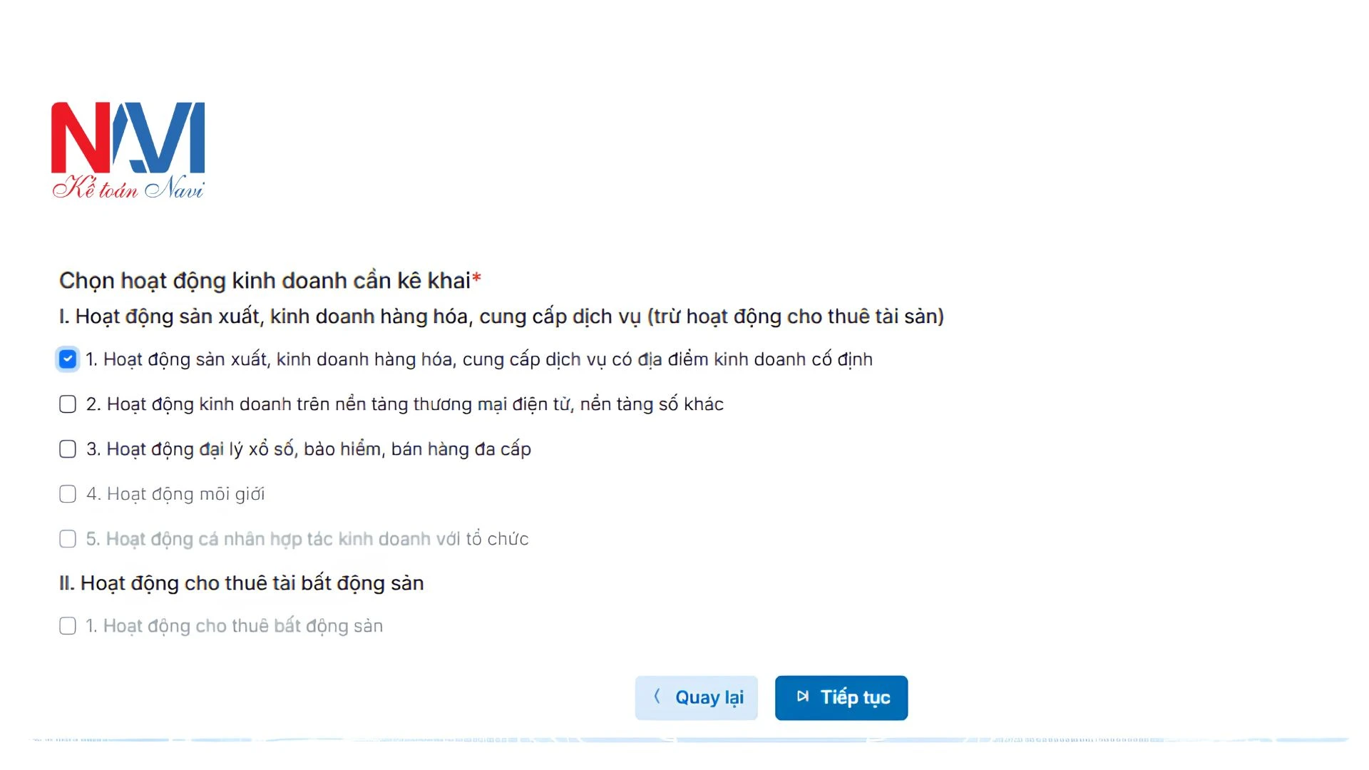 Chọn hoạt động kinh doanh cần kê khai 