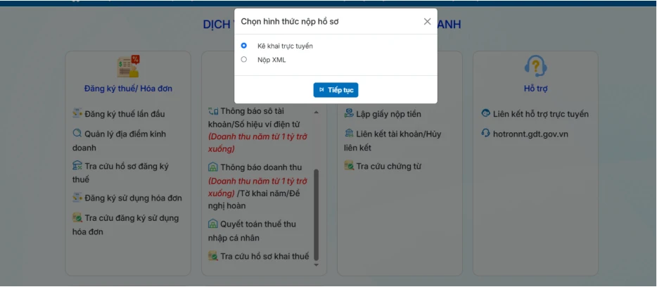 Lựa chọn hình thức kê khai trực tuyến