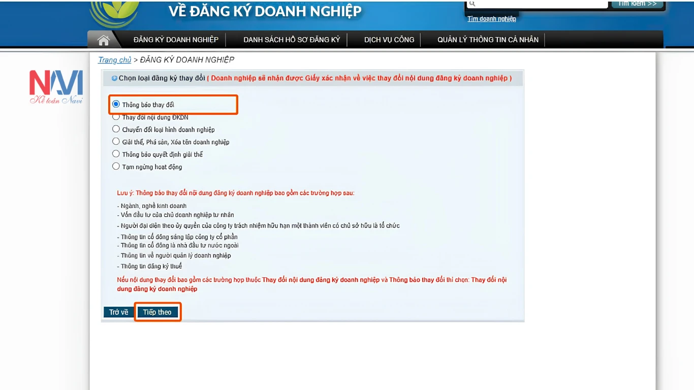 Chọn nội dung thông báo thay đổi
