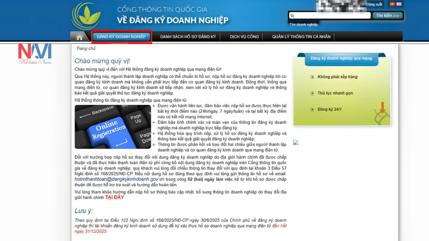 Truy cập chức năng đăng ký doanh nghiệp