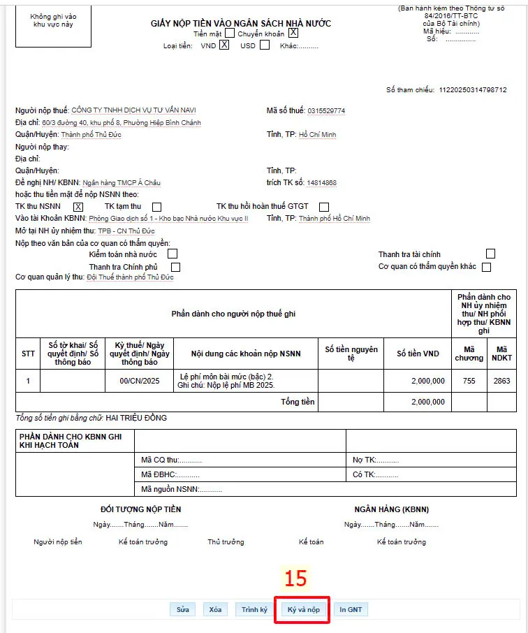 Nộp thuế môn bài trên thuế điện tử