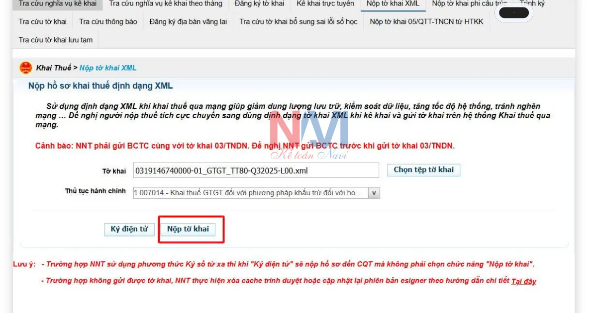 Giao diện hiển thị khi nộp hồ sơ khai thuế