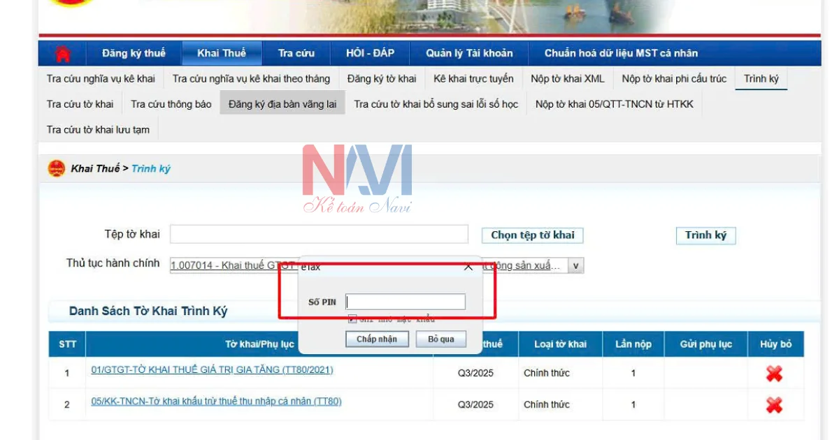 Danh sách tờ khai thuế nộp thành công đến cơ quan thuế