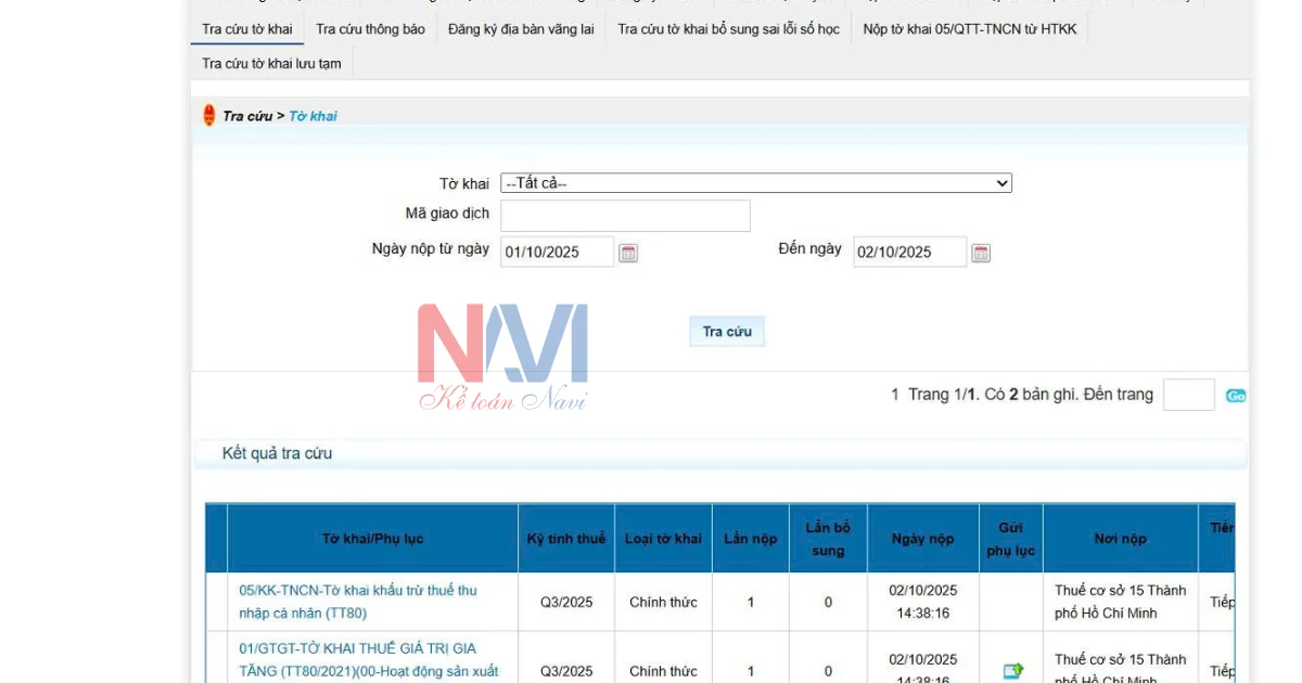 Tra cứu kết quả nộp tờ khai
