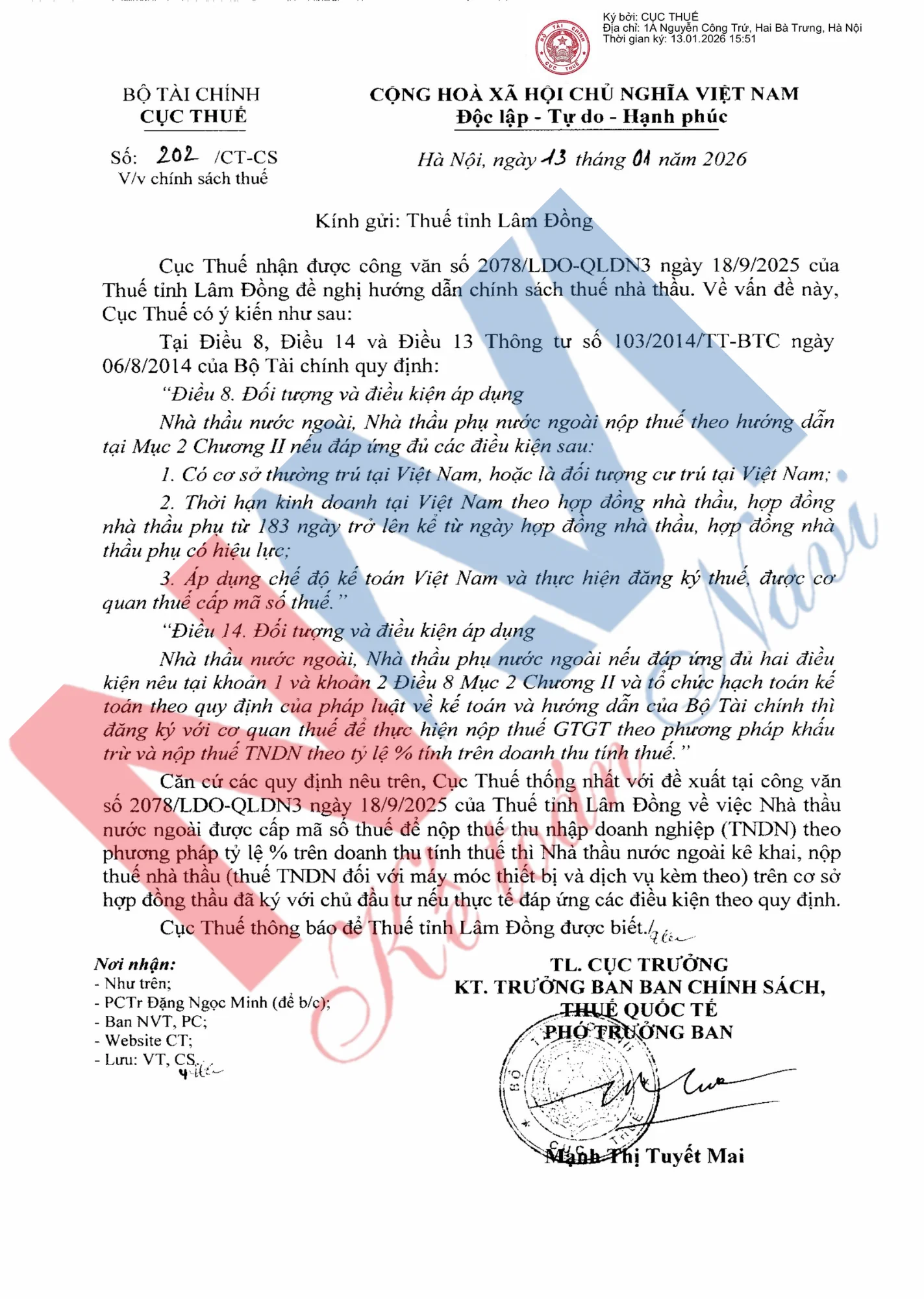 Công văn số 202/CT-CS ngày 13/01/2026 của Cục Thuế về chính sách thuế