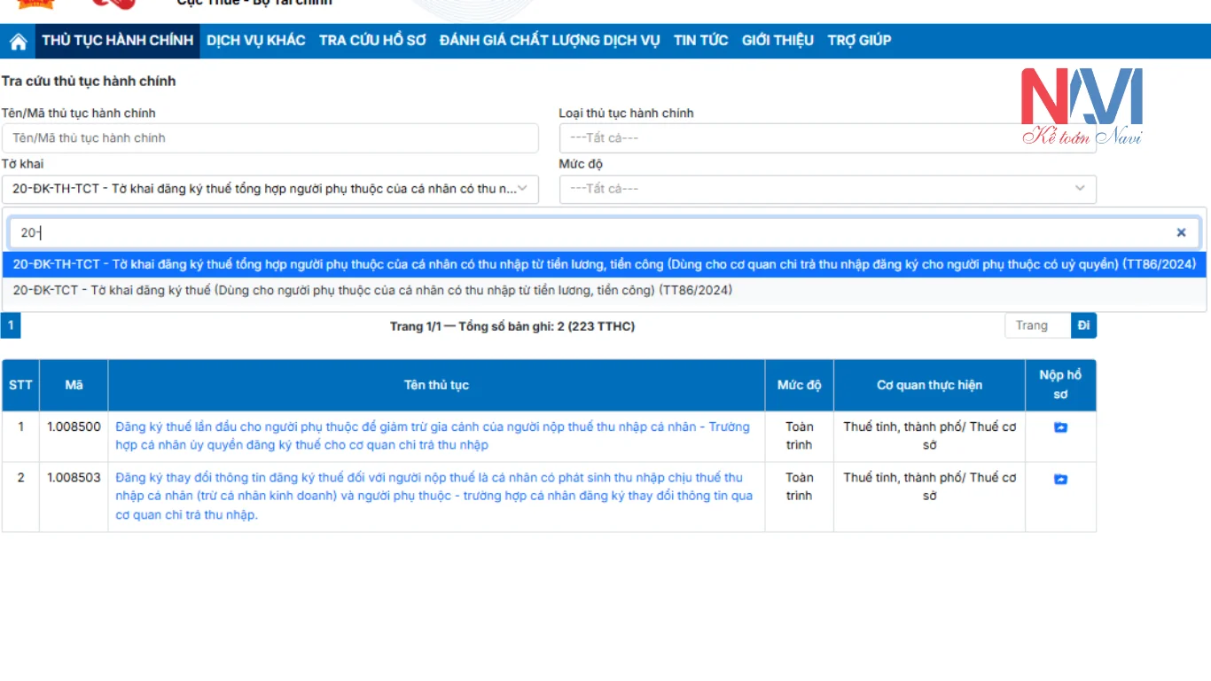 Kê khai trực tiếp trên Cổng dịch vụ công