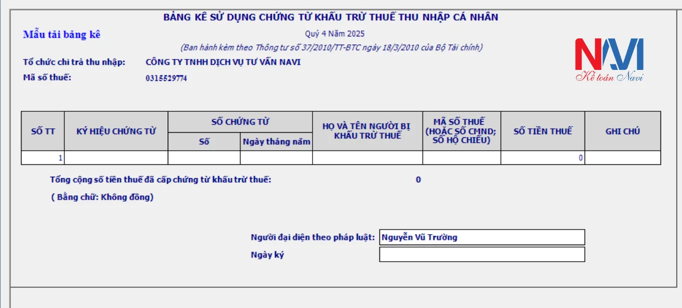 Bảng kê sử dụng chứng từ khấu trừ thuế tncn