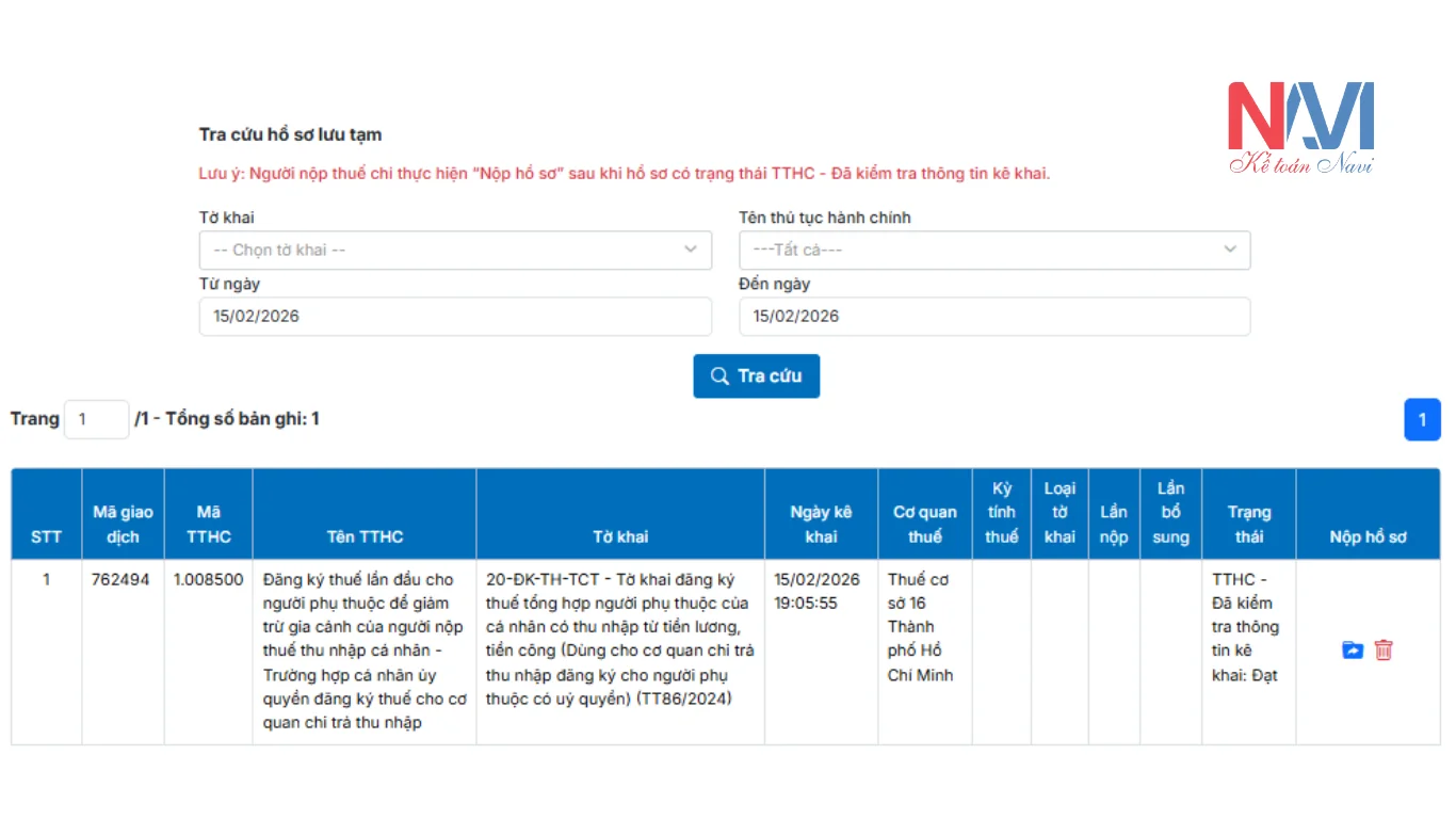 Chọn” Tra cứu hồ sơ lưu tạm” 