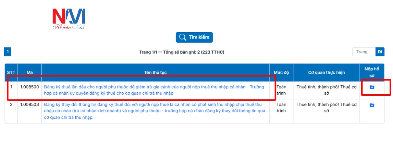 Chọn mã "1.008500: Đăng ký thuế lần đầu"